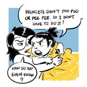 Fawn Veerasunthorn Instagram - Miss K is super in to the whole princess thing right now. I didn’t realize how big of a role model the princesses are in our lives. Maybe I should make a show about a princess rocking the important life skills like brushing her teeth before bed, or having a healthy potty habit. .
.
.
#comics #parenting #motherhood #mommyandme #procreateapp #pottytraining #princess #belle