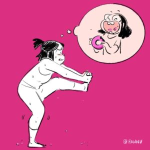 Fawn Veerasunthorn Instagram - What popped into my mind when the yoga instructor softly said “find your center.”
.
.
Also trying out animation function in procreate. Many fail attempts, but this donut cycle is turning out alright I think...😅
.
.
.
#comics #fitnessmotivation #stretch #fitnessjourney #yoga #bikramyoga #donutparty #procreateanimation #procreate #animatedgif #gif