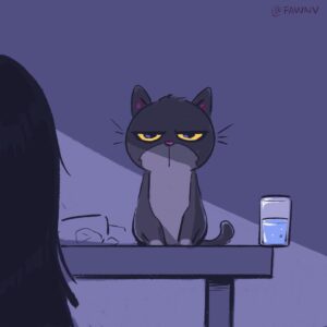 Fawn Veerasunthorn Instagram - Haven’t drawn my cat in like a million years. Maybe that’s why she did this to me or she’s just being a cat.
.
.
.
#comics #webcomic #catsofinstagram #nocturnal #mycatisweird