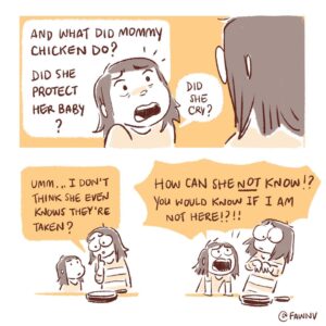 Fawn Veerasunthorn Instagram - I dug a pretty deep hole, then I had to go look up how eggs work lol. When did people realize that they are eating the cute animals they read about in picture book? What did your parents tell you? 😮 Wishing everyone a happy and safe new year!
.
.
.
#comics #motherhood #eggsofinstagram #fisharefriendsnotfood #wfh #happynewyear