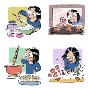 Fawn Veerasunthorn Instagram - Leaving on a work trip again and spent way to much time cooking and storing food instead of packing. But food is the legit way of showing love 🍚🍗🌽🥦
.
.
.
#motherhood #comics#procreate #parenthood #foodprep #freezermeals #sketching #traveling #tips