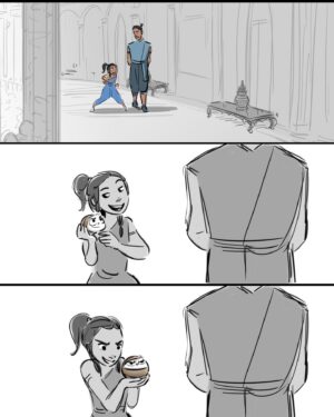 Fawn Veerasunthorn Instagram - In storyboarding, we always go through sooo many versions of each scene. But sometimes a thumbnail from when you first crafted the scene stayed with you through the end. Here are some storyboard panels I did for Raya and the Last Dragon. Some didn’t make it to the final cut (but I like them anyway❤️) I initially put so much cooking into this that Benja can probably have his own cooking spin off show:) You can find these panels in print from @disneyraya Art of Book. 
.
.
.
#rayaandthelastdragon #disney #artofbook #disneyanimation #storyboard #storyboardartist #behindthescenes #cookingwithlove #benja #raya #tuktuk #visualstorytelling
