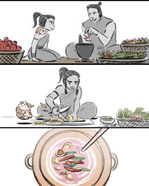 Fawn Veerasunthorn Instagram - In storyboarding, we always go through sooo many versions of each scene. But sometimes a thumbnail from when you first crafted the scene stayed with you through the end. Here are some storyboard panels I did for Raya and the Last Dragon. Some didn’t make it to the final cut (but I like them anyway❤️) I initially put so much cooking into this that Benja can probably have his own cooking spin off show:) You can find these panels in print from @disneyraya Art of Book. 
.
.
.
#rayaandthelastdragon #disney #artofbook #disneyanimation #storyboard #storyboardartist #behindthescenes #cookingwithlove #benja #raya #tuktuk #visualstorytelling