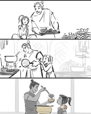 Fawn Veerasunthorn Instagram - In storyboarding, we always go through sooo many versions of each scene. But sometimes a thumbnail from when you first crafted the scene stayed with you through the end. Here are some storyboard panels I did for Raya and the Last Dragon. Some didn’t make it to the final cut (but I like them anyway❤️) I initially put so much cooking into this that Benja can probably have his own cooking spin off show:) You can find these panels in print from @disneyraya Art of Book. 
.
.
.
#rayaandthelastdragon #disney #artofbook #disneyanimation #storyboard #storyboardartist #behindthescenes #cookingwithlove #benja #raya #tuktuk #visualstorytelling