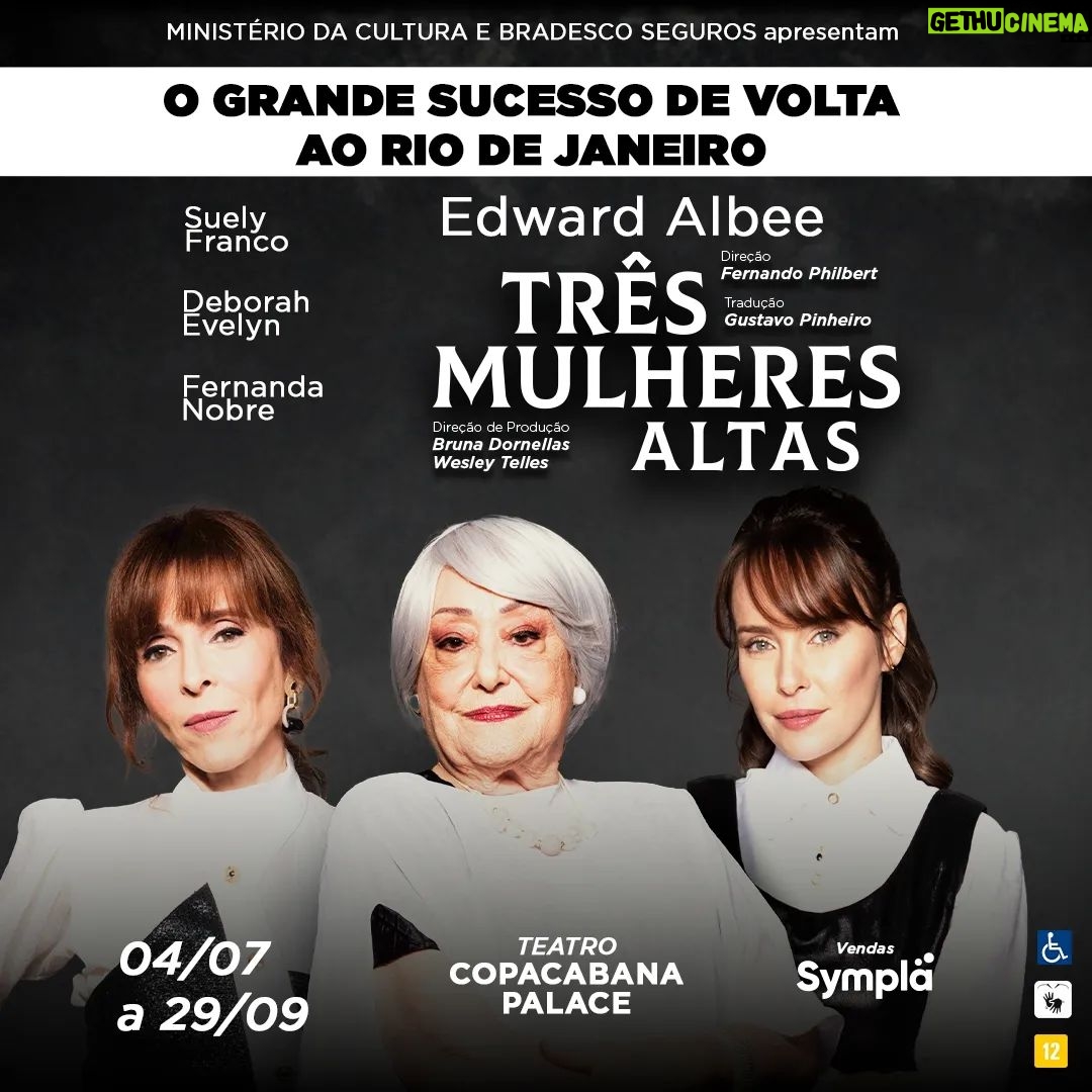 Fernanda Nobre Instagram - 💥 Preparem-se!!! 💥 O espetáculo que conquistou o coração do público está de volta à Cidade Maravilhosa! Com um elenco estelar e uma história emocionante, "Três Mulheres Altas", de Edward Albee, retorna ao palco do @belmondcopacabanapalace! 🎭 Aclamado pela crítica e adorado pelo público, este espetáculo envolvente promete mais uma temporada de pura magia no Rio de Janeiro. Venha assistir a força e a profundidade de @suelyfrancooficial, @deborah.evelyn_oficial e @fenobre juntas, trazendo à vida, a poderosa e tocante narrativa de Albee. ✨️ 📆 Estreia dia 04 de julho, com apresentações de quinta a sábado, às 19h30, e domingos às 17h, com sessões inclusivas acompanhadas por intérprete de Libras. 🎟️ VENDAS ABERTAS!!! Clique agora mesmo no link da nossa bio e garanta o seu lugar. O espetáculo é apresentado pela @BradescoSeguros, através da Lei Federal de Incentivo à Cultura, do @MinC. Realização de @WB.Entretenimento. . . . #TeatroCopacabanaPalace #TresMulheresAltas #EdwardAlbee #Cultura #Arte #BradescoSeguros #WBEntretenimento #WBProducoes #Carioca #RJ