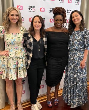 Fiona Gubelmann Instagram - Such a fantastic time on our panel today. Thank you @atxfestival for having us!! 
•
Amazing hair and makeup💄@nikkisketch 
Dress @estilo_austin 
Earrings @sarahojewelry 
Necklace and bracelet @minichiellojewellers 
@thegooddoctorabc #thegooddoctor #parnick