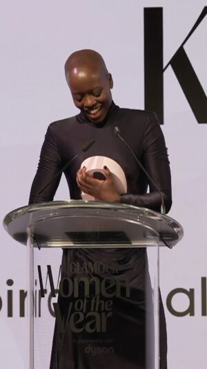 Florence Kasumba Instagram - My sincere thanks to @glamourgermany for the #GlamourWOTY award. Not only an absolute honor to receive the Woman of the Year award „Inspirational Actress“ but also to have my #marvel #blackpanther #doramilaje sister @marie.mouroum present it to me! #florencekasumba