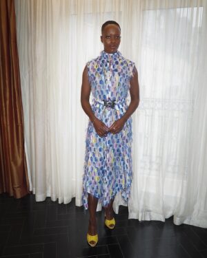 Florence Kasumba Instagram - Wonderful week in London for the #BlackPanther #WakandaForever Tour, in cinemas November 11th Styling by @hollyevawhite @thewallgroup  Make up by @rebekahmakeup Dress @thebemagugu Shoes @paristexas_it Jewelry @cartier