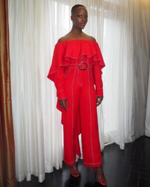 Florence Kasumba Instagram - #BlackPanther #WakandaForever London press tour. Styling @hollyevawhite @thewallgroup  Make up @rebekahmakeup Jumpsuit @thebemagugu Shoes @reiss Jewelry @cartier #florencekasumba