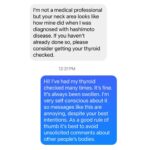 Franchesca Ramsey Instagram – RE: the weekly messages about my thyroid/neck *swipe* for a story in 3 acts. Fortunately my excellent WGA health insurance has covered the myriad of tests over the past 4 years that continue to tell me my thyroid is fine. Despite that, I’ve becoming increasingly self conscious about my neck, largely in part to constant messages like this. I’ve gotten acupuncture, changed by diet, visited a plastic surgeon, seen wholistic doctors, cut out food groups, changed my wardrobe and accessories and even the placement of my video captions all in pursuit of “fixing” something that NEVER bothered me until random folks online started commenting on my body. Social media has changed my life in more ways than I can measure, but it has also given folks a false sense of familiarity with myself and others that too often ventures into disrespectful. Despite one’s best intentions, unsolicited comments about someone’s body (especially a STRANGER) can be hurtful. And saying so isn’t unreasonable or “shitting on” anyone. Lastly, I am never going to apologize for being honest about my feelings or setting/enforcing boundaries with ANYONE. I truly hope continuing to say this loudly and emphatically gives others permission to do the same. Thanks.