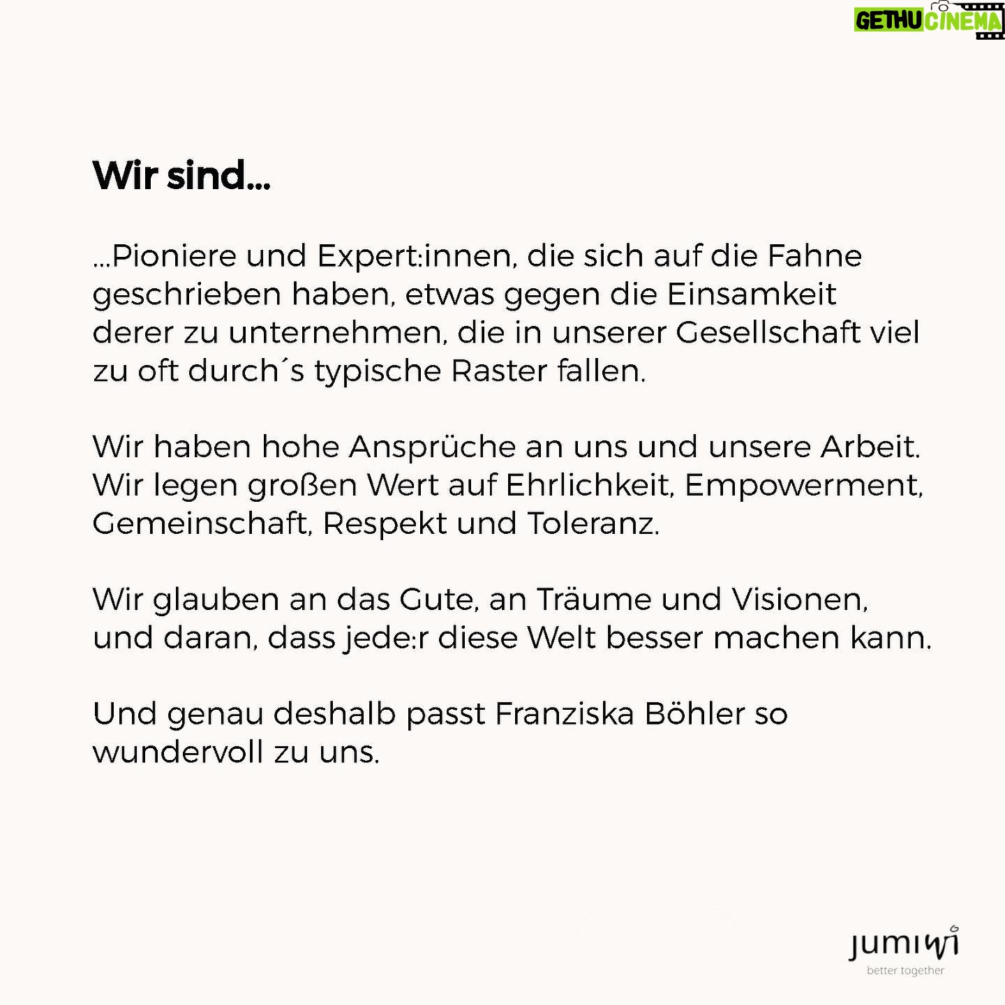 Franziska Böhler Instagram - BETTER TOGETHER. „Einsamkeit ist für mich das Gefühl nicht liebenswert zu sein. Warum sonst würde manchmal so viel Schlechtes und Böses auf mich einprasseln? Ich weiß, dass es nicht meine Schuld ist, aber meine Einsamkeit besteht darin, dass ich immer versuche herauszufinden, was ich falsch gemacht habe. Das verstehen die Menschen um mich herum nicht… Ich habe Probleme zu vertrauen… Wenn du dich öffnest, kannst du verletzt werden. Also vermeide ich es meistens. So verliert man die Leichtigkeit… Und fühlt sich allein.“ 𝘍𝘳𝘢𝘯𝘻𝘪𝘴𝘬𝘢 𝘉ö𝘩𝘭𝘦𝘳 Franziska Böhler | @thefabulousfranzi betreibt Öffentlichkeitsarbeit zur Pflege, zum Gesundheitssystem und zu gesellschaftskritische Themen, und ist mehrfach ausgezeichnete Buchautorin. Selbst betroffen, engagiert sie sich außerdem seit der Corona Pandemie ehrenamtlich für die Organisation „Health4future“, damit Long Covid Betroffene endlich ernst genommen und akzeptiert werden. Sie kommuniziert offen, welchen Einfluss die Schattenseiten Ihrer Arbeit auf ihre mentale Gesundheit haben und macht damit vielen Menschen Mut zu mehr Authentizität und Offenheit. In erster Linie ist Franziska Böhler aber ein zauberschöner Mensch, der sein Herz auf dem richtigen Fleck trägt und es bedeutet uns wahnsinnig viel, dass sie von Beginn an unsere Schirmherrin ist. 𝗷𝘂𝗺𝗶𝘄𝗶 - 𝗯𝗲𝘁𝘁𝗲𝗿 𝘁𝗼𝗴𝗲𝘁𝗵𝗲𝗿 #einsamkeit #bettertogether #franziskaböhler #chrisgust #strongertogether #jumiwi#gemeinsamstatteinsam #wegeausdereinsamkeit #mentalhealth #mentalegesundheit #health #hochsensibilität #hsp #app