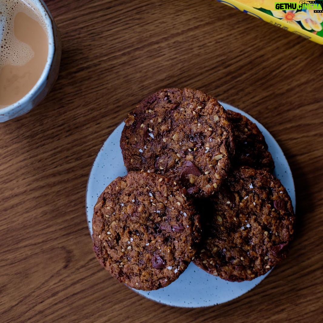 Garima Arora Instagram - These Jaggery and dark chocolate cookies made with Coconut, Besan (chick pea flour), Sesame and Alsi (flaxseed) all staples in the everyday Indian kitchen is part of the breakfast bakery @here_bkk . Best dunked in ginger chai! See you HERE soon.