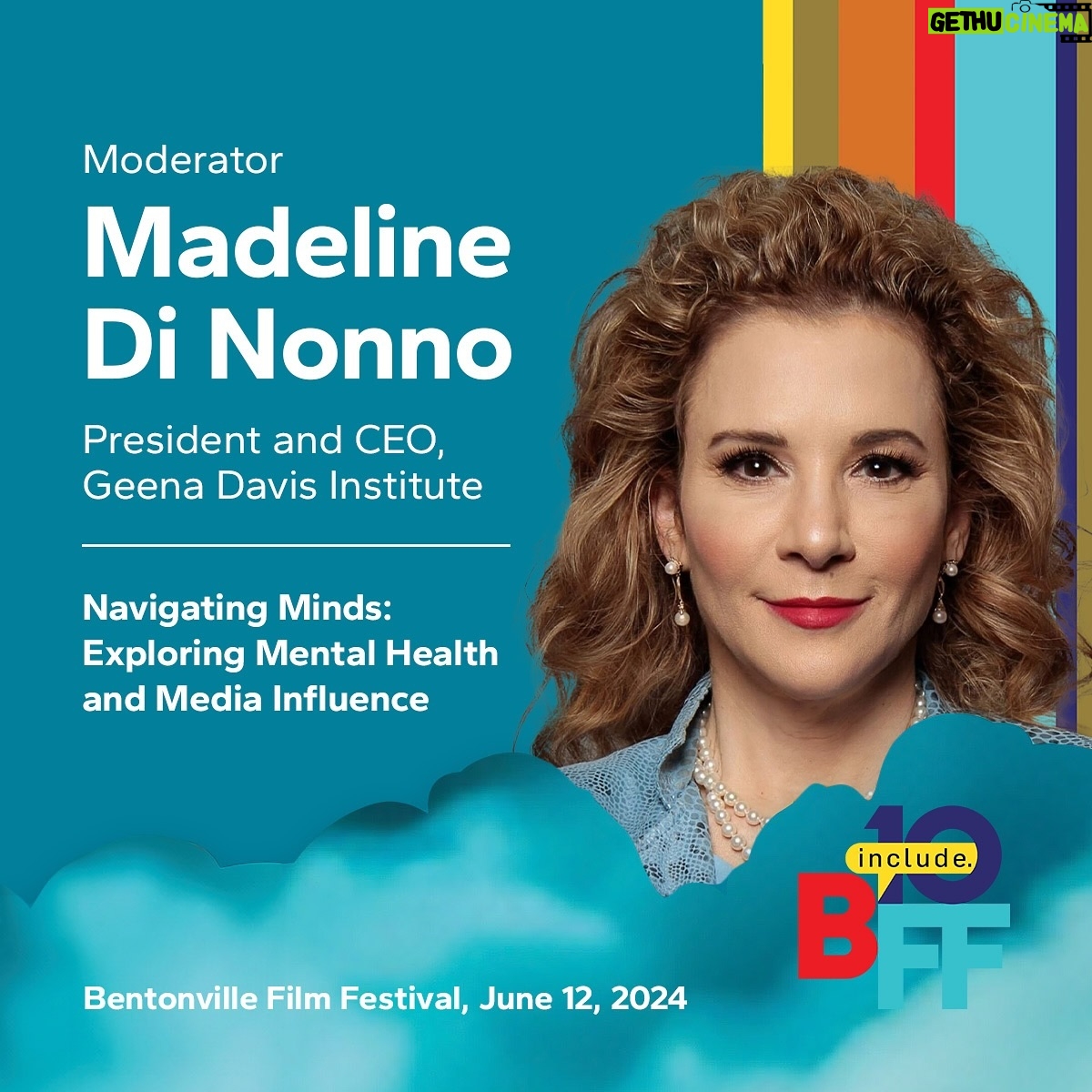 Geena Davis Instagram - We’re so excited to be back in Bentonville for the 10th annual @BFFFestival! We have so many incredible events planned this week, including a panel discussion on the pivotal role media plays in perceptions of mental health, led by Madeline Di Nonno. We’ll be joined by filmmakers Nadine Crocker and Set Hernandez, psychologist David Anderson, and actor Saara Chaudry to discuss the complex relationship between mental health and the media, exploring both its potential benefits and pitfalls. #seeitbeit #BFF2024 #BentonvilleFilmFestival #BFF10