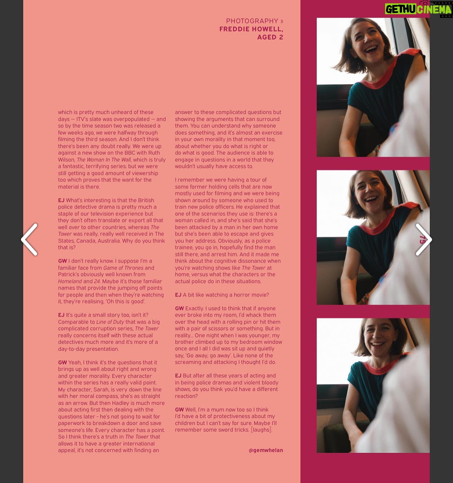Gemma Whelan Instagram - My @essentialjournal interview - delighted with @itsbethb and her photo and interview but also extra and extremely delighted with the photography credit...he really did take them....!! 😂 📸 💕✌🏼