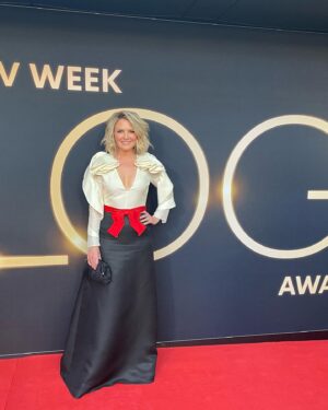 Georgie Gardner Instagram - Phew! Survived the red carpet mayhem thanks to giggles with the fabulous @aloxley My frock is archival Gucci & love that it’s been worn & will be worn again. As always hugest thanks & love to the angels who polish and style us @morganhillhair @__alexwilson__