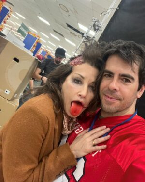 Gina Gershon Instagram - Happy Birthday to this Wonderful Maniac. ❤️❤️❤️🥳 @realeliroth 🎩🎂🥂🔪🪓🧨🪚⚙️#happybirthday. Let Them Eat Cake.