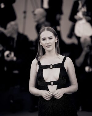 Gina Stiebitz Instagram - The dreamiest evening at the red carpet premier of ‘Poor Things‘ from Yorgos Lanthimos @labiennale 

Thank you @armanibeauty for having me 🌹

Picture: @ilushina_sasha 
#Makeup : @michalatus Hair: @valentinahstyle 
Outfit: @giorgioarmani 

#Venezia80 #Armanibeauty