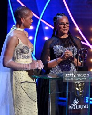 Golda Rosheuvel Instagram - BAFTA Television Awards.
Presented Drama Series
With the fabulous @cushjumbohere 

Wearing:
@carolinaherrera Custom Dress. 

@manoloblahnik 
Shoes 

@bulgari 
Jewellery 

Stylist: @jasonrembert 
Hair: @dionnesmithhair 
Makeup: @kennethsohmakeup