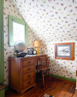 Gray Benko Instagram - If you’ve been watching our show on @magnolianetwork , you may have seen the episode where we went back to my dad’s childhood home to collect the bedroom furniture, art, and all of the many knick-knacks that he grew up with.  Charlie has this cute little room of of his bedroom that I have dubbed his “sleepover room”. Although none of his friends will ever sleep in it because they think it’s too scary (one of the stipulations that come with living in a 200  year old house). The room was really meant to be an ode to my dad and the time period when he grew up, complete with the old relics on full display, that I found stuffed in his bedroom drawers.  He’s probably going to be mad that I just called his things relics. Anywho, if you watch the episode, then you will also know that I gave the room a fishing theme as a way to poke a little fun at him because one time I found an old fishing scrapbook that he made, where he cut out magazine and newspaper images of fathers fishing with their sons.  My dad has always been a terrible fisherman and he told me that he made that scrapbook one day because he had always longed for his dad to teach home how to fish, but he never would.  So I proceeded to give this entire room a fishing theme, from the fishing lure wallpaper by @abnormalsanonymous, to the fishing net-reminiscent light by @straydogdesigns.  I even had @benkoman hand carve and paint a fish for me to mount the light fixture on.  Well, the day of filming rolls around and Grumpy decides to wait until the cameras are rolling to tell me that the entire story was made up. It was a school project and he’s always hated fishing.  So, I guess the joke was on me.  As usual.  At least I got a cute room out of it. The lesson here?  Grumpy is not to be trusted. 
Bedding by @annieselke