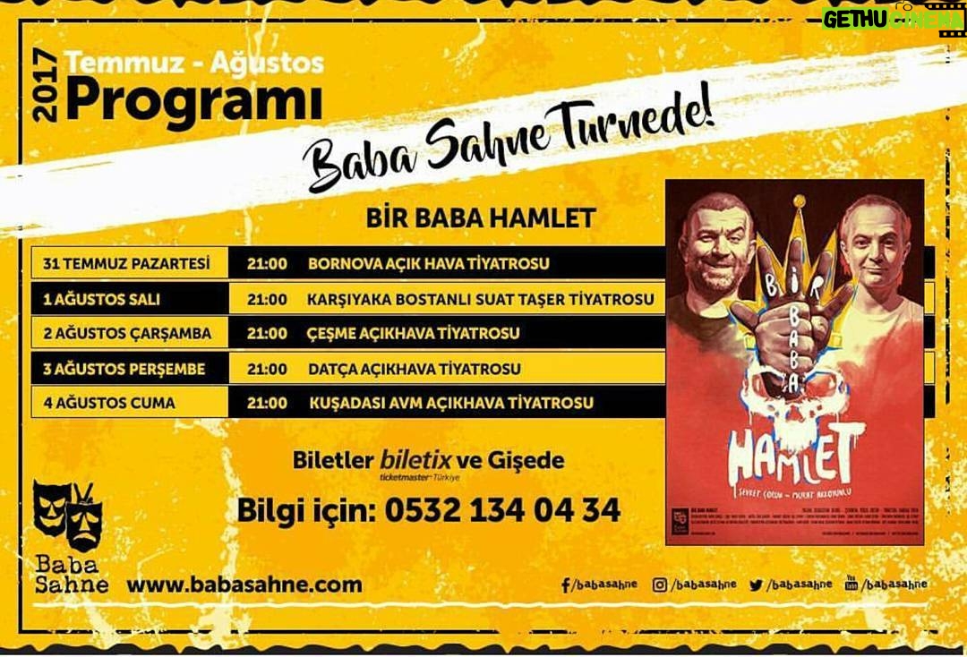 Günay Karacaoğlu - 486 Likes - "Bir Baba Hamlet" yanınıza geliyor, hazır mısınız?
#BabaSahne #ŞevketÇoruh #MuratAkkoyunlu
#Turne #İzmir #Bornova #Karşıyaka #Çeşme #Datça #Kuşadası #Tiyatro #Açıkhava
www.babasahne.com