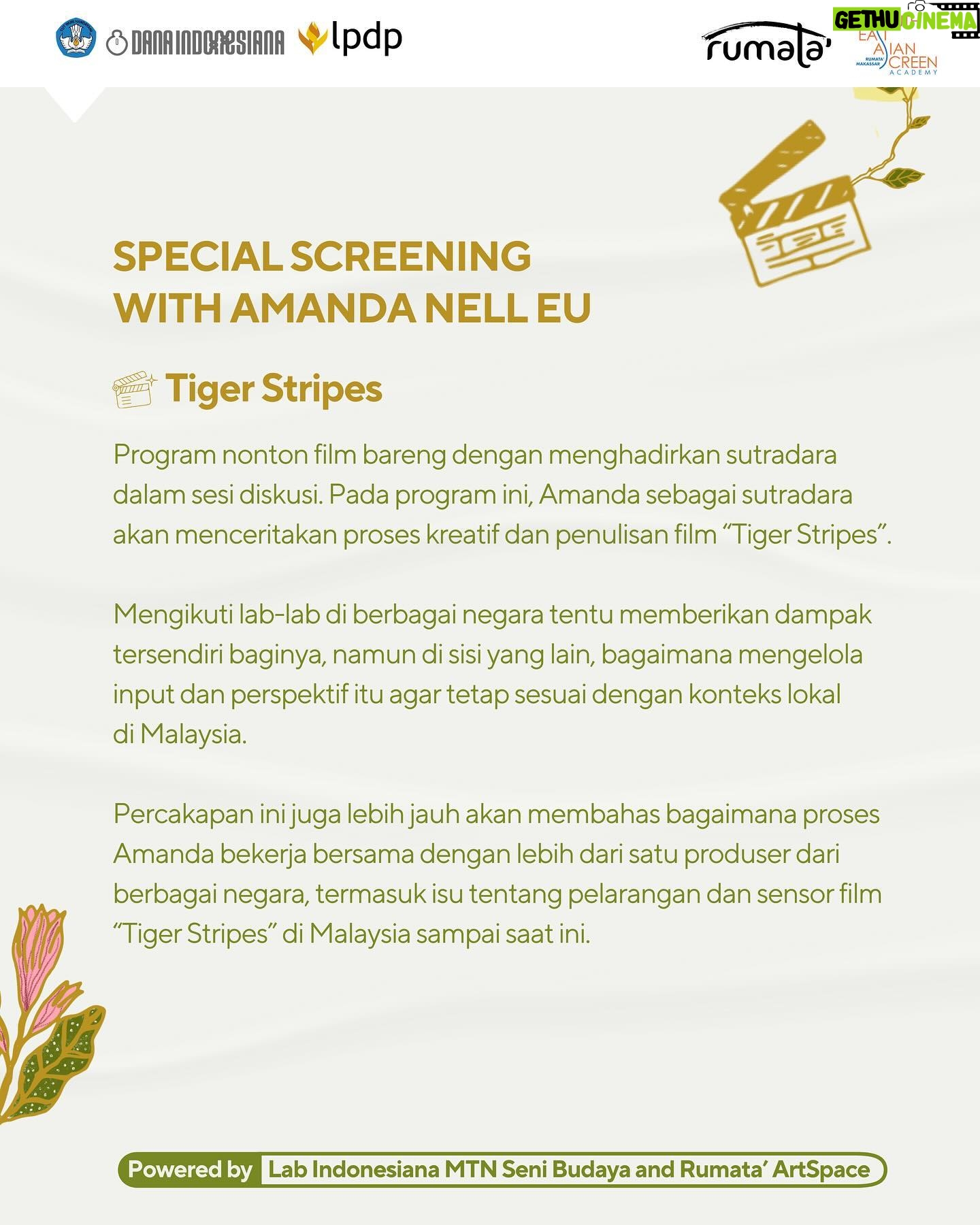Hannah Al Rashid Instagram - Tiger Stripes 🎬 Special Screening with Amanda Nell Eu (@nelleu) 2023⎟ 1 jam 35 menit⎟ Horor/Fantasi Sutradara dan Penulis: Amanda Nell Eu Cast: Zafreen Zairizai, Deena Ezral, Piqa, Shaheizy Sam Zaffan (11 tahun), seorang gadis ceria yang berubah drastis di fase awal pubertas karena mengalami perubahan fisik yang membuatnya frustrasi. Lingkungan sosial yang tidak mendukung, perundungan, dan edukasi yang minim membuat Zaffan semakin bingung dan panik dengan perubahan yang terjadi pada tubuhnya. Setelah pemutaran film, akan dilanjut sesi diskusi yang dimoderatori lamgsung oleh Hannah Al Rashid. Penasaran seperti apa kisah Zaffan dan bagaimana proses kreatif dibaliknya? Yuk, ajak teman-teman kalian untuk nonton bareng 'Tiger Stripes' di CGV Panakkukang Square. Acaranya terbuka untuk umum dan gratis😉 Daftarnya melalui link pada bio, yaa! #seascreenacademy #seascreen2024 #makassarscreen #tigerstripes