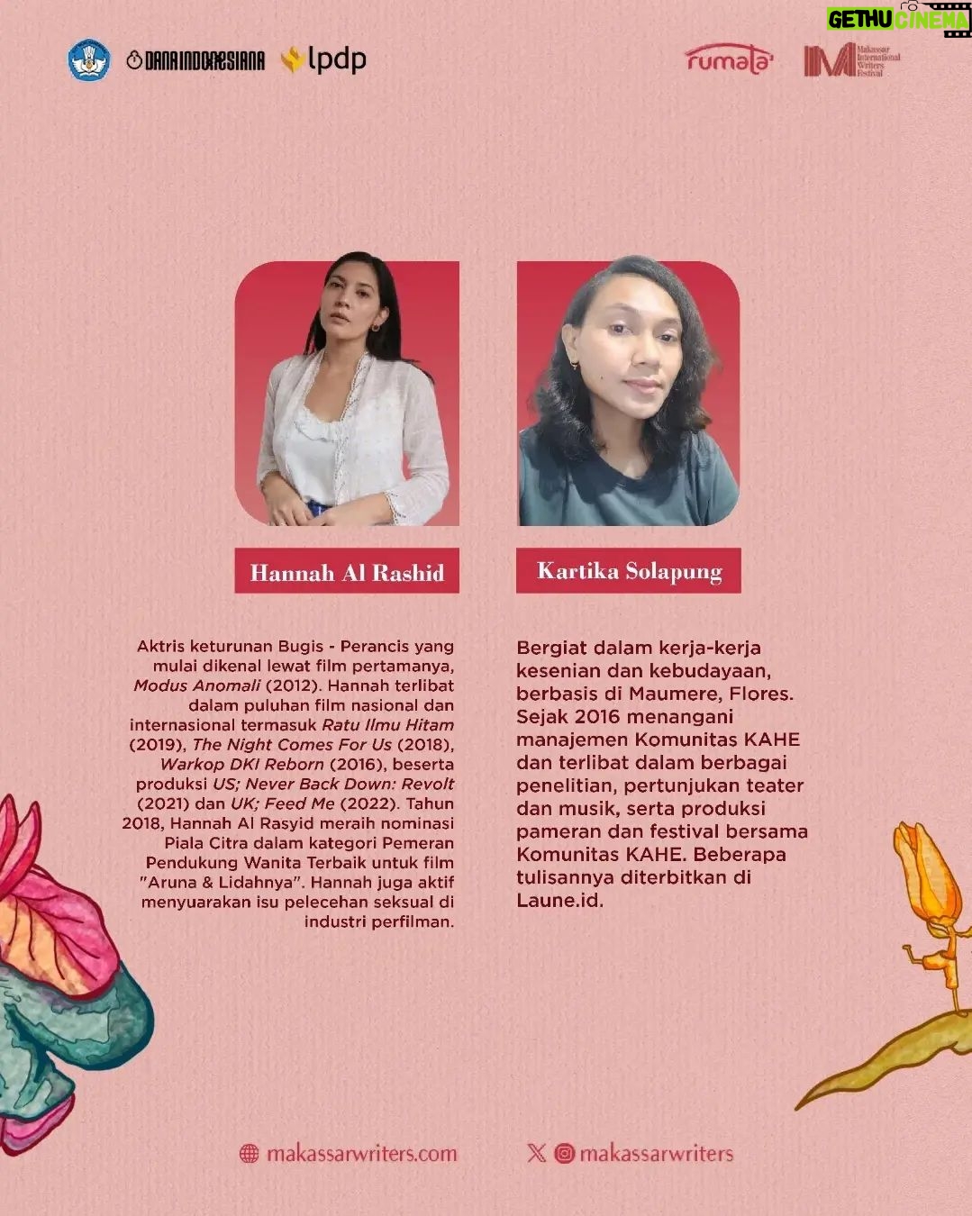 Hannah Al Rashid Instagram - Didorong oleh terdesaknya kebutuhan akan ruang penciptaan dan distribusi pengetahuan yang inklusif, banyak kolektif yang lahir dalam ekosistem seni budaya. Secara organik, individu-individu di dalamnya membangun sistem baru yang kontekstual, yang lebih mampu mengakomodasi kebutuhan mereka. Dalam spesifikasi bidangnya masing-masing kita bisa melihat bagaimana kolektif-kolektif ini menjadi ruang bertumbuh yang dinamis. Dalam perjalanannya, keberlanjutan adalah poin penting yang menyangga eksistensi kolektif, sekaligus menjadi yang cukup sulit untuk diwujudkan. Itulah kenapa strategi dalam merawat kolektif tak bisa berhenti direproduksi dan dibicarakan agar kolektif-kolektif dalam ekosistem seni bisa saling belajar untuk menjaga konsistensinya. Panel ini menghadirkan perwakilan dari berbagai kolektif atau komunitas seni budaya untuk berbagi pengalaman mereka merawat ruang-ruang kolektif yang mereka hidupi bersama. Baik itu tantangan maupun strategi untuk mengatasinya. Diskusi ini juga diharapkan dapat menjadi kesempatan untuk kita bisa mengkritik dan tak henti-hentinya mempertanyakan praktik-praktik kerja perawatan dalam ekosistem seni yang mungkin tidak lepas dari bias-bias tertentu. #makassarwriters #miwf2024 #mothering #rumataartspace #meikemakassar