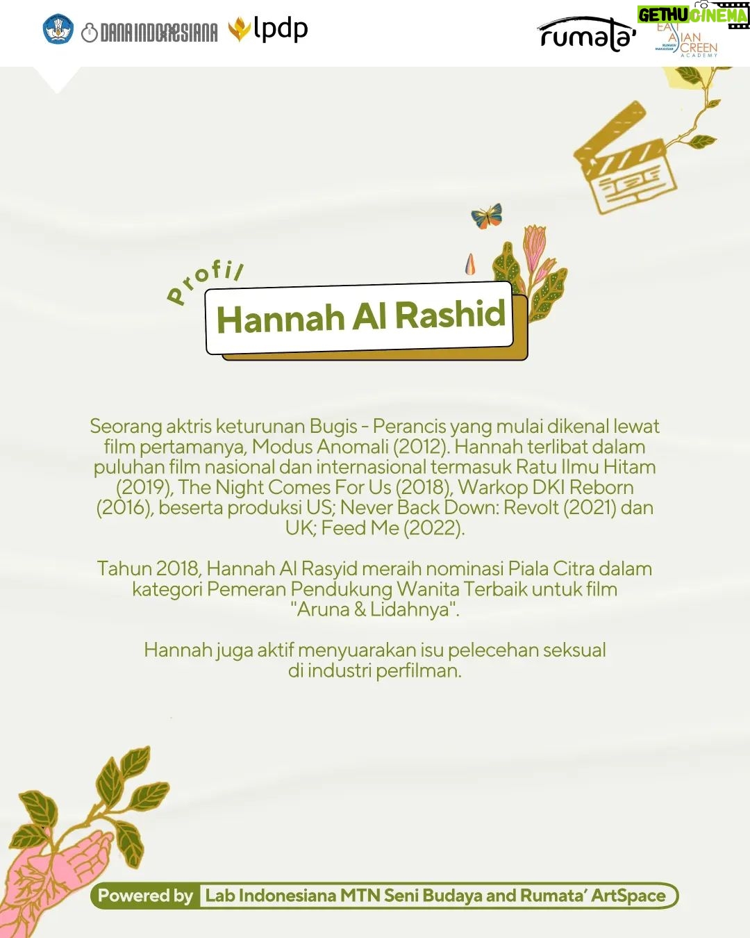 Hannah Al Rashid Instagram - Hannah Al Rashid, aktris yang dikenal dari film "Ratu Ilmu Hitam", "The Night Comes For Us" dan "Aruna & Lidahnya". Selain aktif berkarya di depan layar, beberapa bulan terakhir Hannah sering membagi referensi buku bacaan di akun instagramnya @hannahalrashid ✨️ Ia juga kerap menyuarakan isu pelecehan seksual dan bersama filmmaker perempuan lainnya, Hannah Al Rashid konsisten melobi agar terciptanya standar kerja yang jelas serta aman di industri perfilman. Demi memastikan lingkungan kerja yang nyaman dan bebas dari kekerasan, khususnya bagi perempuan. Kamu bisa belajar akting mulai dari pendalaman karakter, proses syuting, atau apapun yang terjadi dibalik layar bersama dengan Hannah Al Rashid di SEAScreen Academy 2024. Tunggu apalagi, buruan daftar yaa! 🎬 #seascreenacademy #seascreen2024 #mentorseascreen2024 #hannahalrasyid