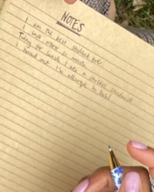Hannah van der Westhuysen Instagram - I am the best student ever 
I love water so much 
Today for lunch I had a chicken sandwich 
I found out I am allergic to basil 🌿 
- an actor prepares by @preciousmustaph