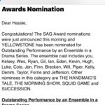 Hassie Harrison Instagram - Beside myself!!!! Yellowstone was just nominated for a SAG award for “Outstanding Performance by an Ensemble in a Drama Series”. I feel so honored to be included in this. Congrats, Yellowstone fam! 🙏🍾🥳😭