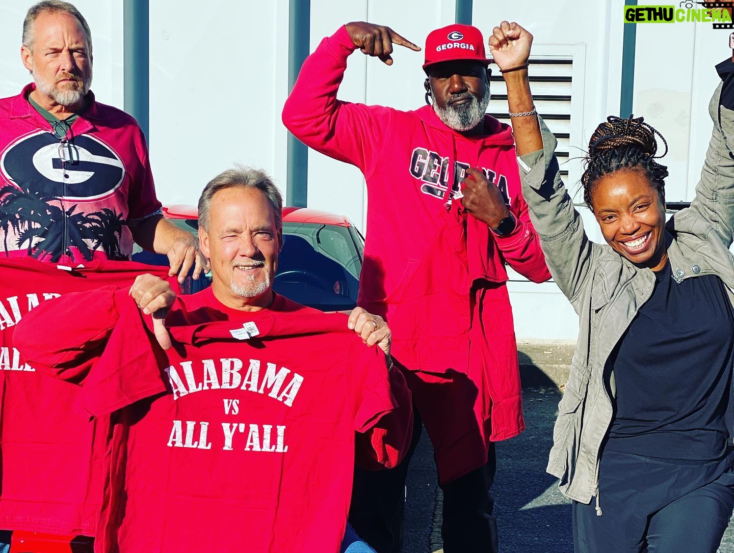 Heather Headley Instagram - The people of #Georgia LOVE their #Bulldogs. And there may not be a group who love them more than our #transportation team for @sweetmagnoliasnetflix. Well, as a girl who has married into #Alabama royalty (#RollTide), I have talked trash to them all season. For my last day in the great state of Georgia, these stinkers showed up dressed (from head to red pinky toe) and ready to show me who’s territory I was in. Good thing I thought ahead, and brought them a proper change of clothing! 😄! Best prank ever! In all seriousness, these gentlemen and their team are so vital to what we do. They arrive before us, set up, clean, ready our trailers and transportation vehicles, and then clean up, break down, and move our trailers after we leave. If something needs fixing, even, at times our personal things, they do it. They protect us and support us…and are some of the sweetest teddy bears you can ask for…even if they are #Dawgs 😉! #thankyou P.S. I told them to act angry…they passed the acting test 😄.