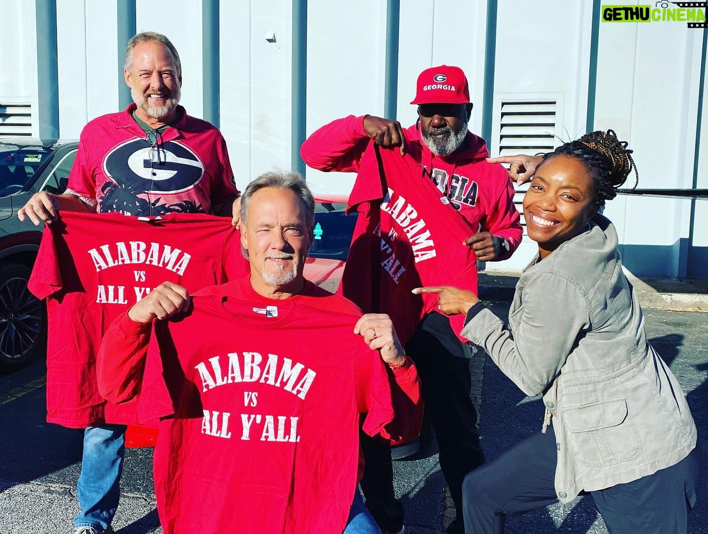 Heather Headley Instagram - The people of #Georgia LOVE their #Bulldogs. And there may not be a group who love them more than our #transportation team for @sweetmagnoliasnetflix. Well, as a girl who has married into #Alabama royalty (#RollTide), I have talked trash to them all season. For my last day in the great state of Georgia, these stinkers showed up dressed (from head to red pinky toe) and ready to show me who’s territory I was in. Good thing I thought ahead, and brought them a proper change of clothing! 😄! Best prank ever! In all seriousness, these gentlemen and their team are so vital to what we do. They arrive before us, set up, clean, ready our trailers and transportation vehicles, and then clean up, break down, and move our trailers after we leave. If something needs fixing, even, at times our personal things, they do it. They protect us and support us…and are some of the sweetest teddy bears you can ask for…even if they are #Dawgs 😉! #thankyou P.S. I told them to act angry…they passed the acting test 😄.