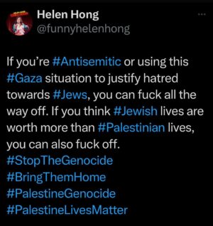 Helen Hong Instagram - #antisemitism is wrong. So is #genocide. #istandwithpalestine and #istandwithjews. I stand with #studentprotests against #palestiniangenocide. I most certainly DON’T stand with #netanyahu or the current #israeligovernment or #hamas. 
#bringthemhomenow #savegaza #freepalestine #stopantisemitism #savepalestine #stopthegenocide