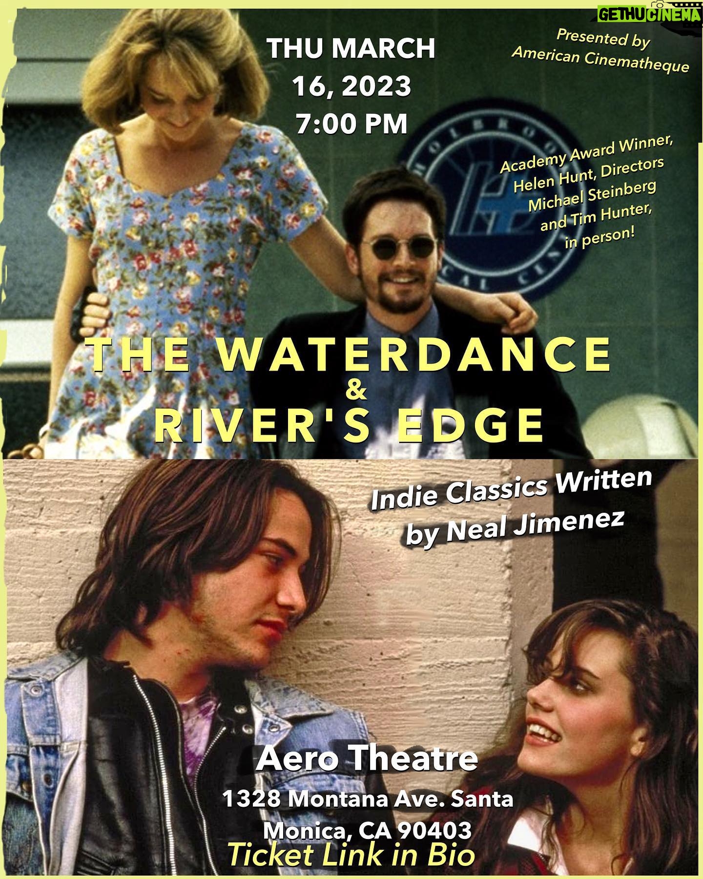 Helen Hunt Instagram - I’ll be at my beloved Aero Theater as part of @am_cinemateque honoring screenwriter/director Neil Jimenez. They’ll be screening The Waterdance and River’s Edge. Come see these beautiful movies on the big screen. Also become a member of am_cinemateque They’re helping to keep cinema alive one screening at a time. Link in bio!