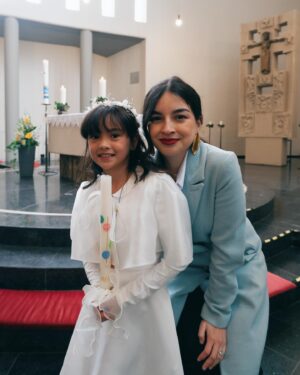 Helga Krapf Instagram - Another milestone: Amelie’s first holy communion. 🙏🏼 She was so excited for this and was so kilig to finally get to try that “white thing” mommy always eats in mass. 🙈😆😅

Made sure she got a piece of home with her by letting her wear a custom made Filipiniana inspired @thehouseofenchante dress. She looked like a little priestess 😍 Her candle is from Portugal, blessed at Our lady of Fatima which we then designed together using wax paper. The cake was made by me with the help of @puratosph 🤭 Only the best for my little miss. 👧🏻 

Thank you to our family and friends, and to those who helped make this happen. ☺️

To Amelie, Congratulations on your first holy communion. May God bless and protect you always my love. Love you to the moon and back. 🥰🙏🏼