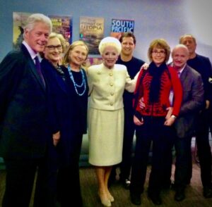Holland Taylor Instagram - Hillary arranged the whole night. Having seen it in DC, she knew. They brought Meryl and Don. Meryl told me, he kept saying, this is all so true to her, so accurate. “He just roared at the Arkansas joke…”

They were so interested in the process.

I didn’t know they were coming, as Kevin really protects me from distraction. He greeted me as I stepped off the stage and said, “Don’t kick your shoes off, you’re coming with me,” and swept me into the back corridors of Lincoln Center until we finally arrived at a door opening into large reception room with the Clintons, Gabby Giffords, Mark Kelly and… MERYL STREEP! I was speechless, but not for long.

The President was still teary-eyed and Hillary just beamed at the surprise event she had made. Meryl seemed genuinely excited and told me how the President kept nudging her and saying. “This is so accurate!” and guffawed at the Arkansas joke.

I was so thrilled to talk with them all as they seemed avidly interested in the whole process of making the show. It was wonderful to look into Gabby Giffords’s eyes and see the sparkling perfect presence there, and to meet astronaut Mark Kelly, whom I now support politically, of course. These pictures were all snapped on my phone by my dresser Barry Doss, but they had the great photog Brigitte Lacombe at that event for official coverage, so I sometimes see her shots still out there.

What a night. The reception was long, and as Kevin led me out, he said, ”You have a few more people here…” and lo and behold, all the Kennedy Center ushers awaited in their own reception area! What an unbelievable night!!! And yep, of course, I had a matinée the next morning…