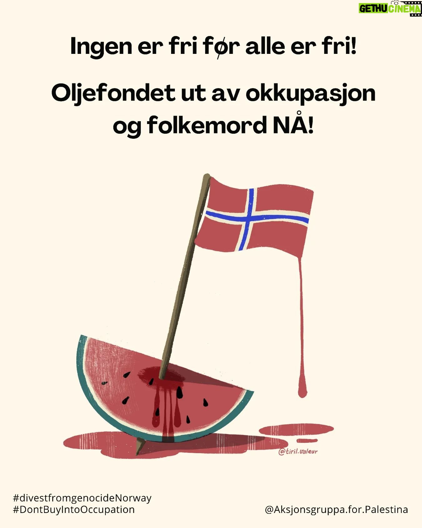 Iman Meskini Instagram - 🇳🇴 Bli med på 17.mai-kampanje for å få oljefondets investeringer ut av folkemord og okkupasjon. Vi er feirer med glede Norges selvstendighet og grunnlov den 17. mai - men vi vil ikke at våre sparepenger og våre barns sparepenger skal bidra til å undertrykke andres frihet og fremtid. 📸 Ta bilde av deg selv i 17. mai festklær mens du holder en plakat med teksten "Norway's oil fund: divest from genocide and occupation now!" 💞 Del i sosiale medier på 17. mai. 🔗 Forslag til captiontekst finner du i lenke i bio på @aksjonsgruppa.for.palestina Engelsk fordi vi ønsker å formidle dette ut til verden. 📨 Send bildet til gjormer@gmail.com for å bli med på felles collage! ‼️Spre denne posten over alle vinder og inviter alle du kjenner til å være med på kampanjen! To do liste: ✅ Besøk gjormer.no for mer informasjon om oljefondets koblinger til okkupasjon, apartheid og folkemord ✅ Følg @palestinakomiteeninorge ✅ Følg @aksjonsgruppa.for.palestina Takk! 🙏🏼 Gratulerer med dagen! 🇳🇴 Fritt Palestina! ✊🏼🇵🇸❤️🔥 Blir du med? Inviter en venn eller ti også! 🇳🇴❤️🇵🇸✌🏼 Illustrasjoner: @tiril.valeur ❤️🔥 #divestfromgenocideNorway #DontBuyIntoOccupation #domoreNorway #gjørmer #17mai2024