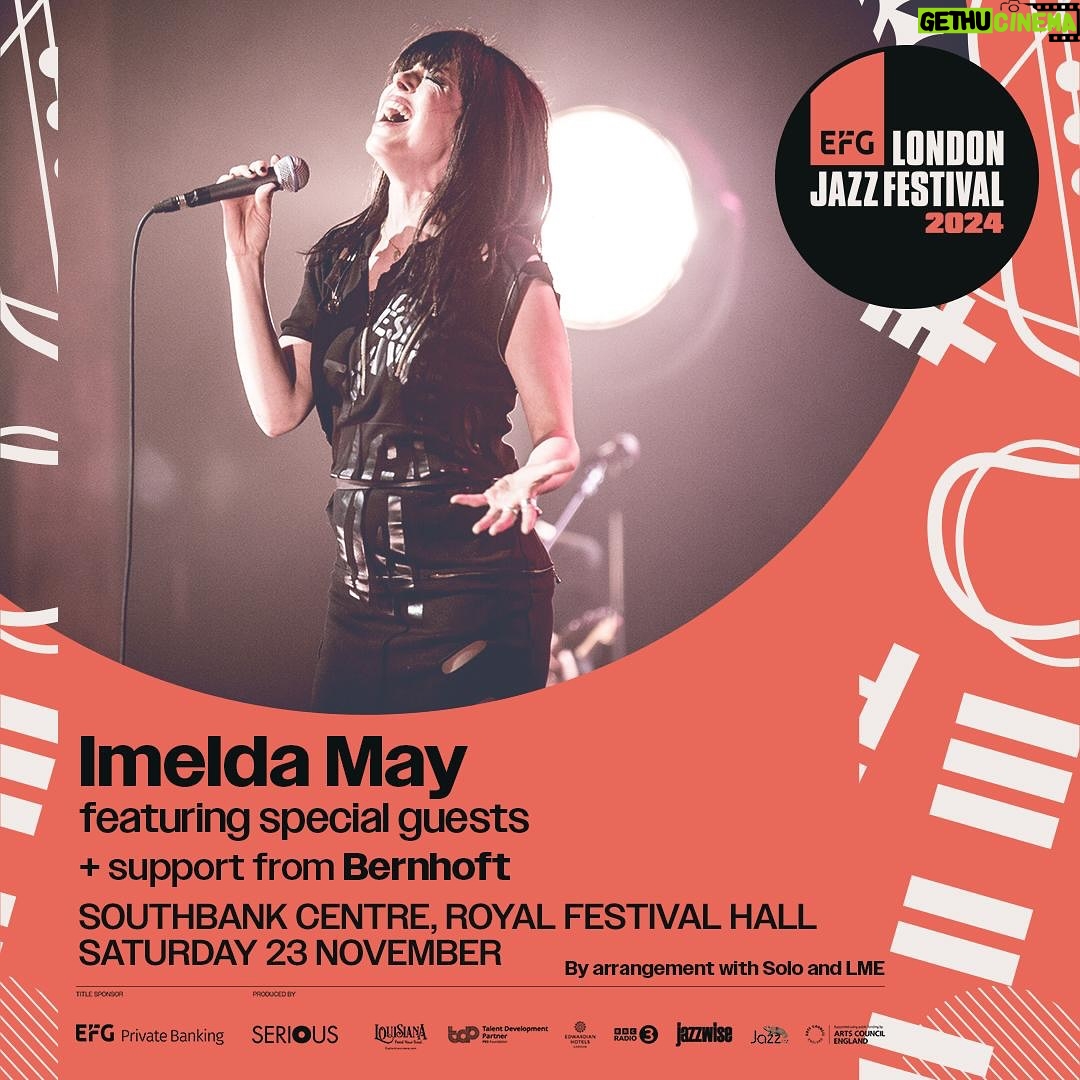 Imelda May Instagram - Delighted to be announcing a special one off show at Royal Festival Hall as part of EFG London Jazz Festival, the capital’s biggest pan-city music Festival in Europe with over 300 shows across more than 70 venues. Taking place Nov 15-24, the festival showcases a wonderful mix of talent from around the world. I last performed at it with Jeff Goldblum at Cadogan Hall in 2018 and am thrilled to be back. Tickets onsale 10am Friday: https://efglondonjazzfestival.org.uk/events/imelda-may-featuring-special-guests-bernhoft Also linked in my Instagram stories @londonjazzfest @royalfestivalhall @southbankcentre @jarlebernhoft