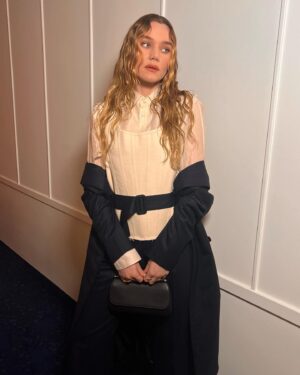 Imogen Waterhouse Instagram - Thank you @britishfashioncouncil for an inspiring evening of such talent and @danielwfletcher for this loook! 

Accessories by @strathberry 
Hair @linneanordberg
Mu: @lydiawardsmith 
❤️