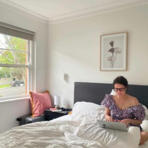 Ione Skye Instagram - Writing my memoir in my @caddis_life glasses and a @batshevadress dress that reminds me of one I wore in Say Anything.