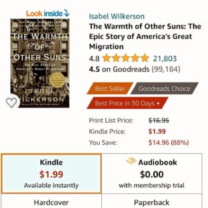 Isabel Wilkerson Instagram - I will never forget taking my firstborn book, The Warmth of Other Suns, out into the world and hearing the most startling endorsement it has ever received.  On a community radio show in NYC, we were soberly discussing the impact of the Great Migration and the fortitude of the ancestors when an enthusiastic reader who happened to be a minister cut to the chase:

“This book is so important, you have to read it,” he told listeners.

“And if you can’t afford to buy the book,” he said, “steal the book.” 

It may have been metaphorical, but he had made his point.

Around the same time, I went to Chicago on book tour and excitedly went into what was then the main book store in Hyde Park — Borders Books on 53rd Street — and was anxious to see my newborn on the shelf.  I looked all over for it in Nonfiction and in History and in African-American Studies. I couldn’t find it anywhere and started to get worried that it wasn’t getting the placement it should have gotten. 

I went to the front desk to ask about it. 

“Oh that book,” the clerk said. “We had to put it behind the counter. It was walking out on its own.” 

And so there it was next to Jay Z’s memoir and Terry McMillan’s newest best seller and another of John Grisham’s blockbusters. Never in a million years would I have expected a deeply researched work of narrative nonfiction to need to be locked behind the counter with those commercial heavyweights.

Now, 14 years later, The Warmth of Other Suns is available for a limited time for $1.99 on Amazon in Kindle format to kick off Black History Month. Thrilled for every new reader who will now have even more chances to know Ida Mae, Robert and George and the courage of the people of the Great Migration.

May we come to a deeper appreciation of our country’s history this month because Black History is American History.

_______________
The first photo is of me at the indie bookstore, Books Are Magic, in Brooklyn, where I signed Warmth and Caste for the holidays, in addition to signings at McNally Jackson, Barnes & Noble, and Cafe Con Libros. 

#thewarmthofothersuns #castetheoriginsofourdiscontents 
#blackhistorymonth #history