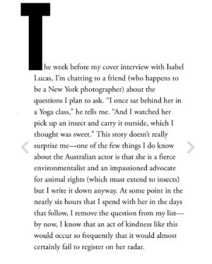 Isabel Lucas Instagram - Last night my partner and I snuggled up on the couch, the summer rain pattering on the windows outside, to actually read this beautiful article for @gritty_pretty.

December had us moving house, starting building a house, my film ‘Lunacy’ premiered, I’m coproducing another film, and while hosting my family staying I just didn’t make the time to read it. The end of the year’s always a bit crazy..

Thank you @danielle_gay. Your generous, gracious reflection is very touching. It’s a gift to make someone feel seen and heard. 🐚 

Sharing some snippets here, full article online.

Editor @danielle_gay Art Direction @sarahdalywork Senior Creative Producer @nicolasevitt Photography @danrobertsstudio Digital Operator @seokhoyoon
Lighting Tech @ryan_achilles 
Styling @gemmakeil Hair @badisonv @assemblyagency  Skin & Makeup @nishavanberkelmakeup
#grittypretty #gadigalland 🌊
