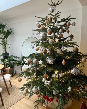 Ivana Miličević Instagram - Our #Christmastree this year! Mama and I wrapped some balls with string and crocheted some chains to wrap around others. Swipe to see close Ups. Also, the mushroom patch is how Phoenix hangs his ornaments every year. All in one place. I live. That is how mushies grow. #bohochic #bohochristmas