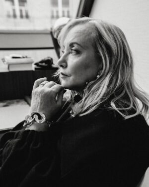 J. Smith-Cameron Instagram - Fabulous time at the #Patou show in Paris. The most beautiful clothes! Nellie and I had a wonderful time meeting designer Guillaume Henry and his gifted staff. We did not want to give these clothes back! So deeply beautiful. @patou photos @victoria_vinas makeup @sarahillmakeup hair @fabiopetri
