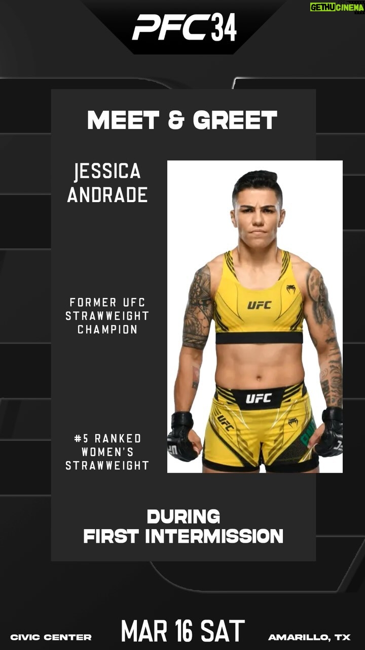 Jéssica Andrade Instagram - ‼️Attention fight fans‼️ @jessicammapro will be doing a meet and greet during the first intermission of PFC 34 this Saturday at the Amarillo Civic Center in Amarillo, Tx 🔥 All PFC 34 ticket holders will get a photo op with the former UFC Strawweight champion! See you at the fights! #peakfighting #pfc #mma #meetandgreet #photoop #ufc #jessicaandrade #peak #pfc34
