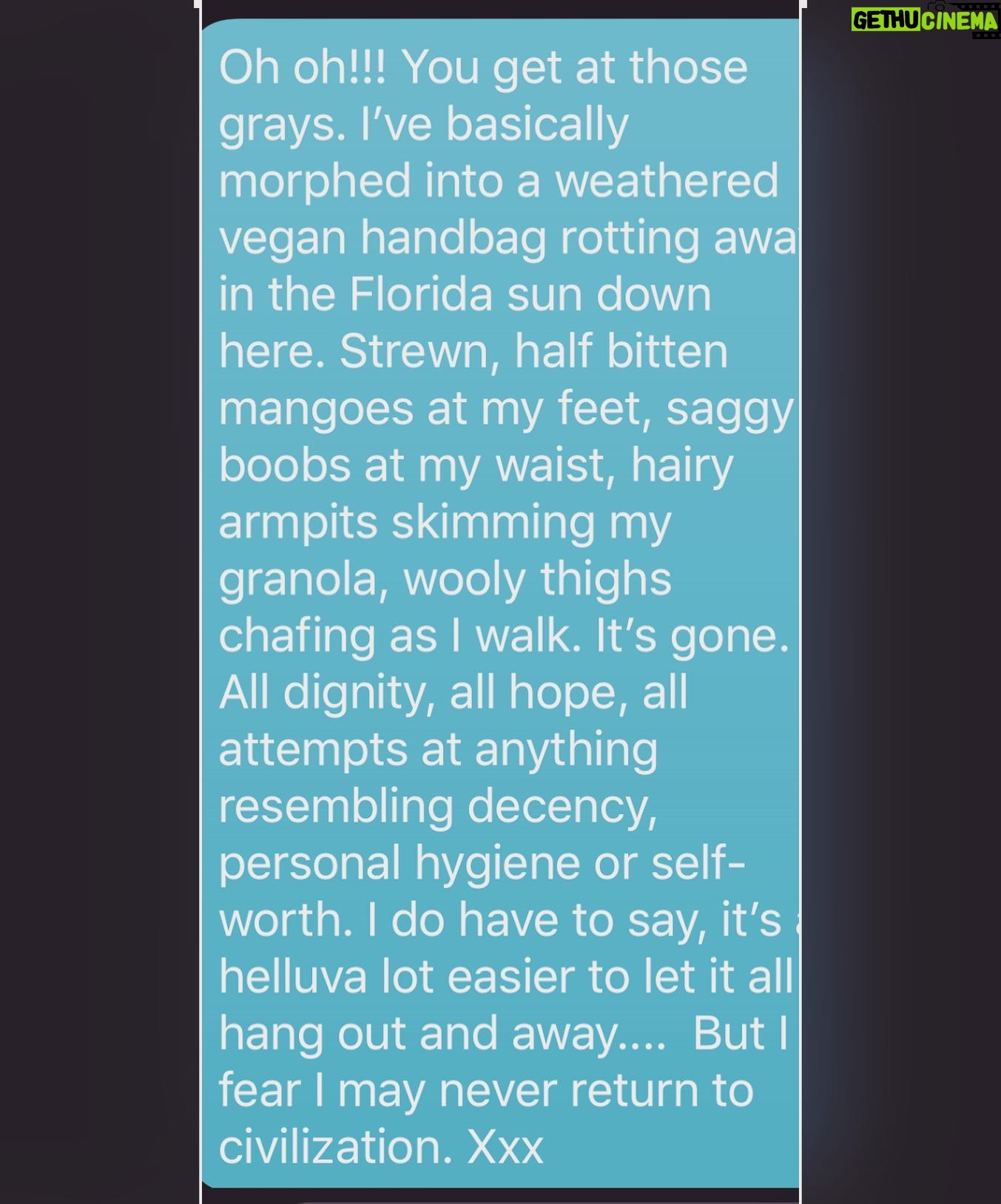 Jacinda Barrett Instagram - My text to my friend today as she is about to dye her gray hair #quarantinelife #grayhair #hairdye #lifehaschanged #imamess