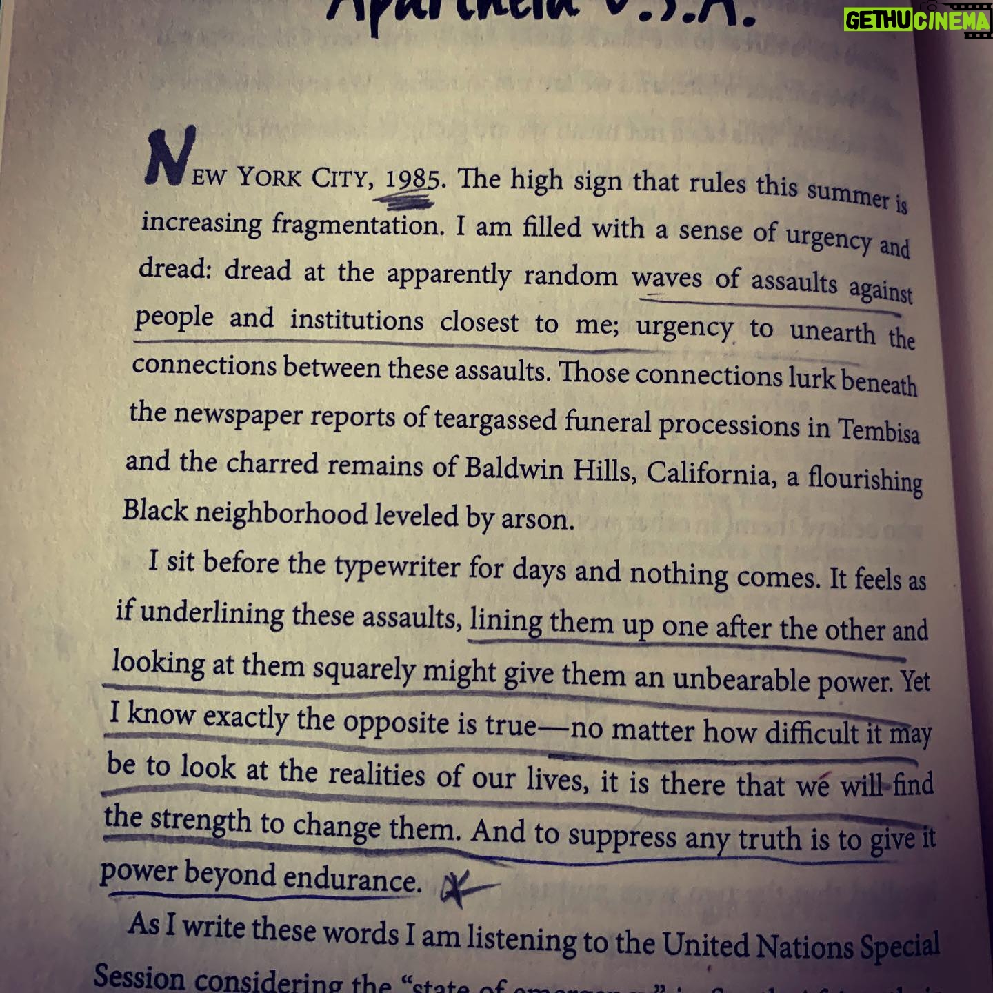 Jacinda Barrett Instagram - These words are from Audre Lorde’s essay, ‘Apartheid U.S.A.’ It was written in 1985, but could be a rallying cry for today. Reading is a beckoning, a summons, tearing at calcified beliefs. Audre Lorde, Hilton Als, Maya Angelou, Margo Jefferson, James Baldwin, Ta-Nehisi Coates, Claudia Rankine and so many more have stalked their solitude and their streets that we may question our own unseeing. In this time of vital consciousness raising, I turn again to them. Pulling old books and new and asking what more they have to say, what more I should know, should do. What books, essays, poems, music and films have influenced you, pushed at you and spoken painful truths? Speaking, as Audre Lorde said to the part of each of us that “refuses to be silent.” Please share them..whatever hits you, ignites you. “We are caught in an inescapable web of mutuality, tied in a single garment of destiny. Whatever affects one directly, affects all directly.” -MLK Where we put our feet counts. Where we put our minds, our bodies, our hearts count. The businesses we invest in matter. What we bear silent witness to matters. Watching harmless prejudice, shrugging it off with a laugh or a turning away counts. Continued, sustained change, unraveling prejudice, holding ourselves accountable... moment by moment by moment by moment. Organizations doing the work to support: Policingequity.org joincampaignzero.org 8cantwait.org blacklivesmatter.com/partners blackmamasmatter.org showingupforracialjustice.org #blm #blacklivesmatter #racism #endracism #education #policebrutality #audrelorde #jamesbaldwin #mayaangelou #margojefferson #taneishicoates #claudiarankine @hilton.als @tanehisipcoates