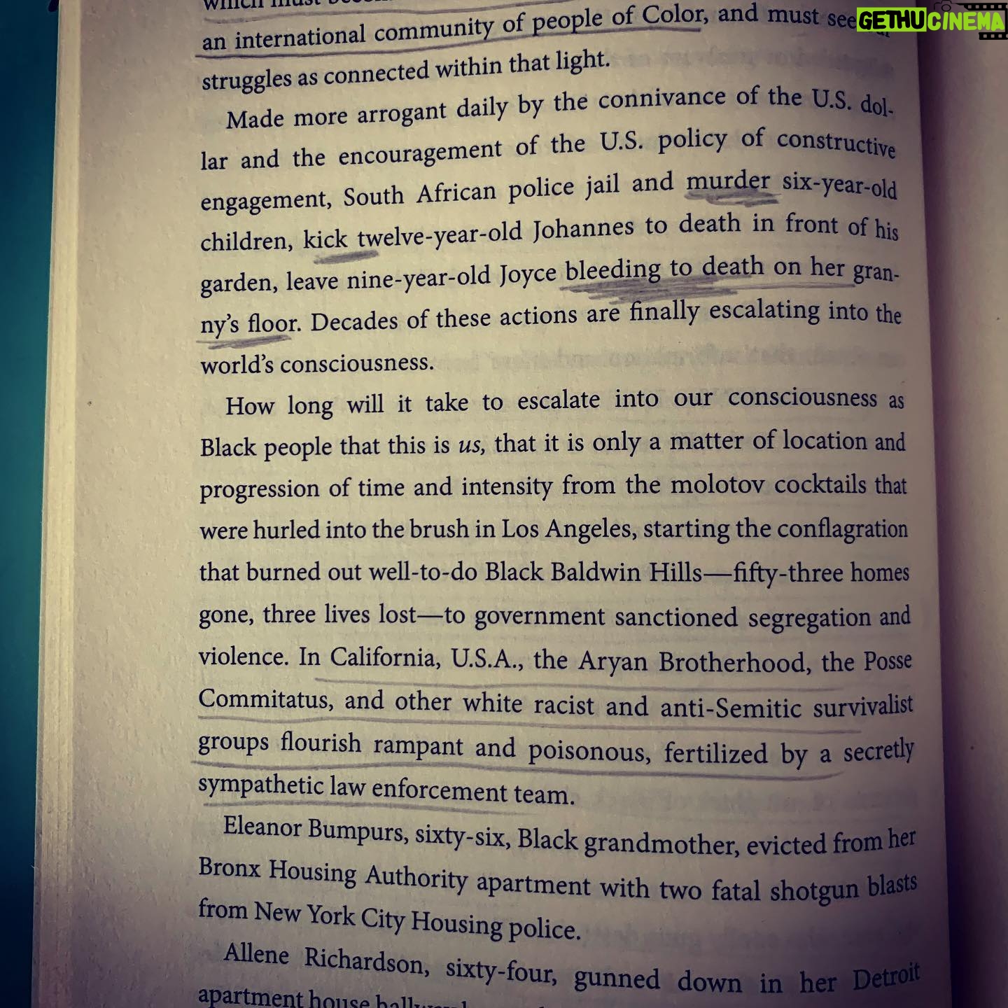 Jacinda Barrett Instagram - These words are from Audre Lorde’s essay, ‘Apartheid U.S.A.’ It was written in 1985, but could be a rallying cry for today. Reading is a beckoning, a summons, tearing at calcified beliefs. Audre Lorde, Hilton Als, Maya Angelou, Margo Jefferson, James Baldwin, Ta-Nehisi Coates, Claudia Rankine and so many more have stalked their solitude and their streets that we may question our own unseeing. In this time of vital consciousness raising, I turn again to them. Pulling old books and new and asking what more they have to say, what more I should know, should do. What books, essays, poems, music and films have influenced you, pushed at you and spoken painful truths? Speaking, as Audre Lorde said to the part of each of us that “refuses to be silent.” Please share them..whatever hits you, ignites you. “We are caught in an inescapable web of mutuality, tied in a single garment of destiny. Whatever affects one directly, affects all directly.” -MLK Where we put our feet counts. Where we put our minds, our bodies, our hearts count. The businesses we invest in matter. What we bear silent witness to matters. Watching harmless prejudice, shrugging it off with a laugh or a turning away counts. Continued, sustained change, unraveling prejudice, holding ourselves accountable... moment by moment by moment by moment. Organizations doing the work to support: Policingequity.org joincampaignzero.org 8cantwait.org blacklivesmatter.com/partners blackmamasmatter.org showingupforracialjustice.org #blm #blacklivesmatter #racism #endracism #education #policebrutality #audrelorde #jamesbaldwin #mayaangelou #margojefferson #taneishicoates #claudiarankine @hilton.als @tanehisipcoates