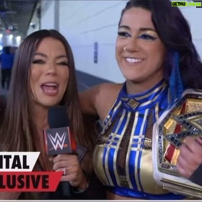 Jackie Redmond Instagram - BAYLEY IS CHAMP!!! 🏆 An absolute privilege to interview an emotional Bayley right after her biggest #WrestleMania moment to date ! 🙌🏻 And I guess I’m a ‘Bayley crybaby’ now. 😂 #wwe #wweraw #wrestlemania #bayley