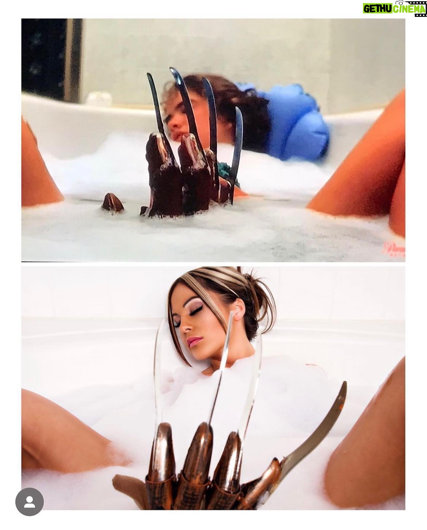 Jamie Szantyr - 6.5K Likes - You know I had to recreate the infamous Nancy bathtub scene from βA Nightmare on Elm Street.β This will always be one of my top favorite shoots.
People always ask me whose hand that is in the tub with me and believe it or not itβs mine. Had to twist my arm to the point of almost dislocating my shoulder, but hey, we got the shot! π€―