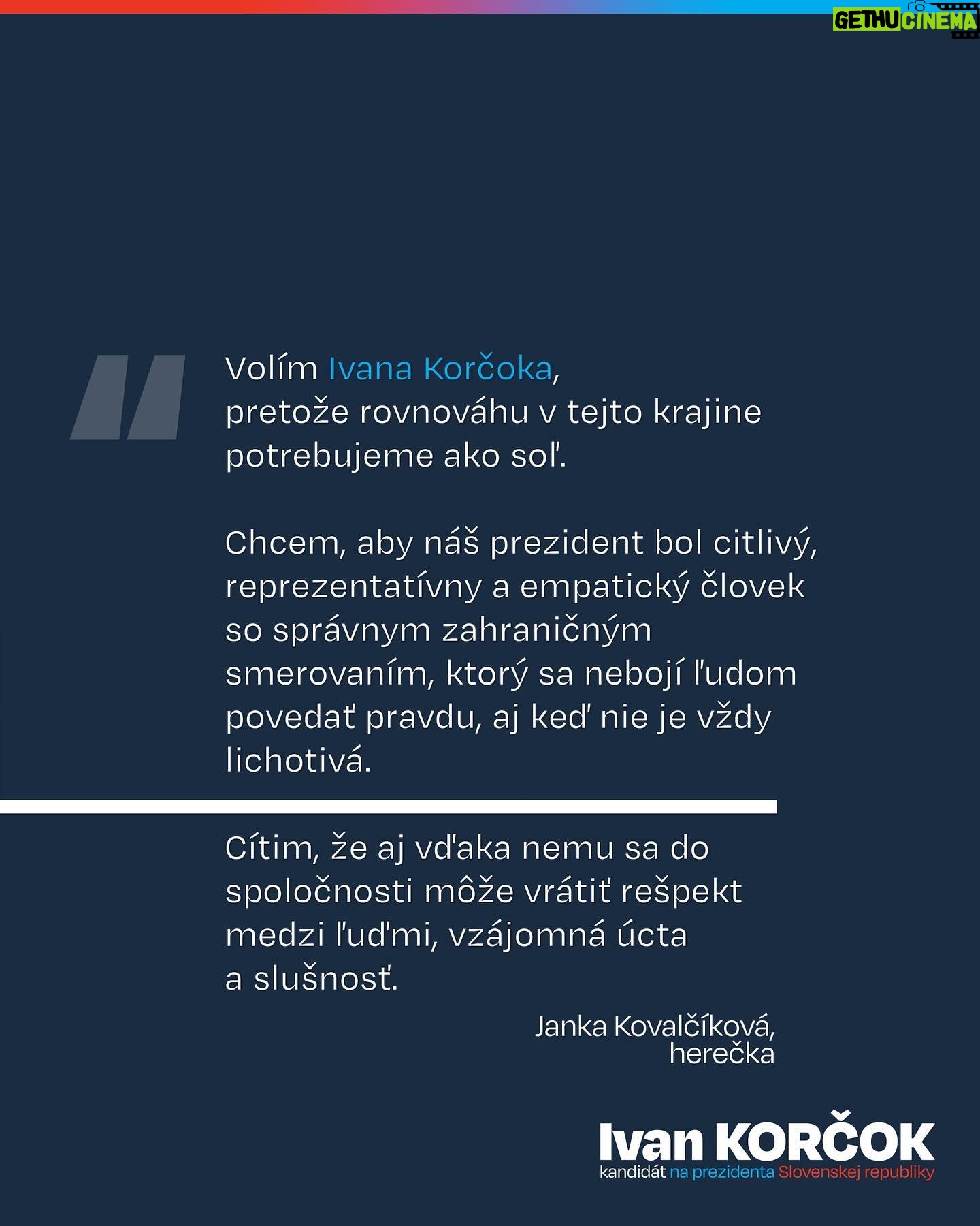 Jana Kovalčiková - 13K Likes - ⠀⠀⠀
Ďakujem za vyjadrenie podpory a veľmi milé slová, Janka 🙂
S Jankou Kovalčíkovou, a viac ako stovkou predstaviteľov slovenskej kultúrnej obce, som v januári tohto roka diskutoval o dôležitosti kultúry v našej spoločnosti. Kultúru totiž považujem za najlepšiu formu prezentácie Slovenska a pred prácou našich umelcov mám obrovský rešpekt. Neraz som práve vďaka nim pocítil v zahraničí veľkú hrdosť na Slovensko 🇸🇰
